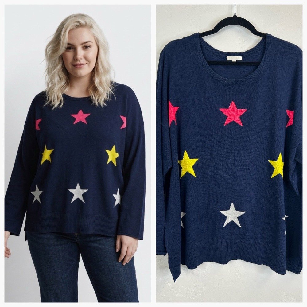 Lisa Todd Star Sweater Size 3X 100% Cotton Long Sleeve Luxury Knit Pullover Navy